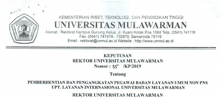 Pemberhentian dan Pengangkatan Pegawai Badan Layanan Umum Non PNS UPT. LAYANAN INTERNASIONAL Universitas Mulawarman