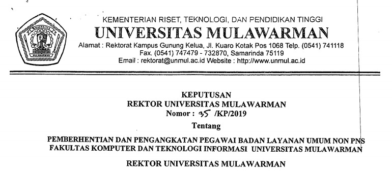 Pemberhentian dan Pengangkatan Pegawai Badan Layanan Umum Non PNS FKTI Universitas Mulawarman
