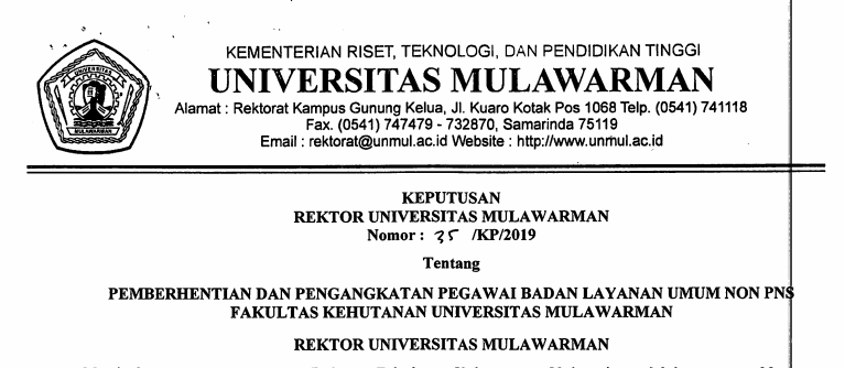 Pemberhentian dan Pengangkatan Pegawai Badan Layanan Umum Non PNS FAHUTAN Universitas Mulawarman