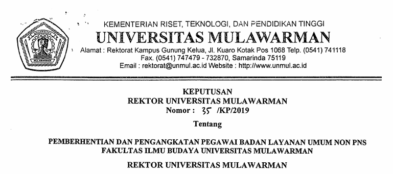 Pemberhentian dan Pengangkatan Pegawai Badan Layanan Umum Non PNS FIB Universitas Mulawarman