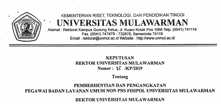Pemberhentian dan Pengangkatan Pegawai Badan Layanan Umum Non PNS FISIPOL Universitas Mulawarman