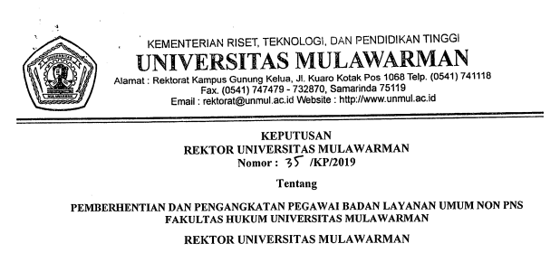 Pemberhentian dan Pengangkatan Pegawai Badan Layanan Umum Non PNS FH Universitas Mulawarman