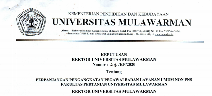 Perpanjangan Pengangkatan Pegawai Badan Layanan Umum Non PNS FAPERTA Universitas Mulawarman