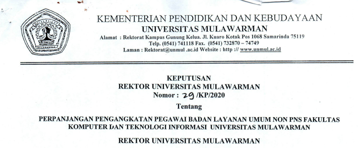 Perpanjangan Pengangkatan Pegawai Badan Layanan Umum Non PNS FKTI Universitas Mulawarman