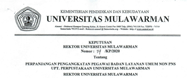 Perpanjangan Pengangkatan Pegawai Badan Layanan Umum Non PNS UPT. PERPUSTAKAAN Universitas Mulawarman
