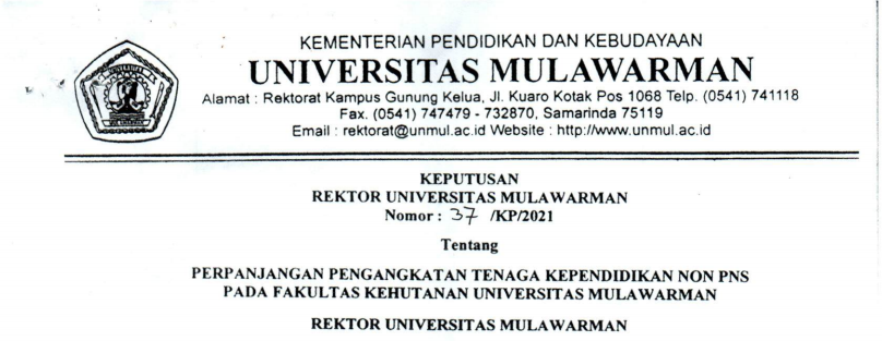 Perpanjangan Pengangkatan Tenaga Kependidikan Non PNS FAKULTAS KEHUTANAN Universitas Mulawarman