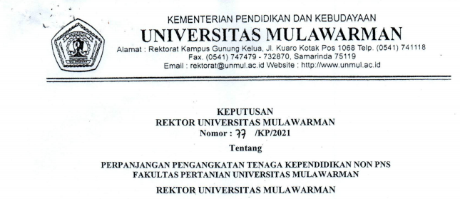 Perpanjangan Pengangkatan Tenaga Kependidikan Non PNS FAKULTAS PERTANIAN Universitas Mulawarman