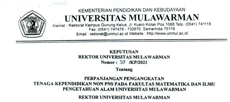 Perpanjangan Pengangkatan Tenaga Kependidikan Non PNS FMIPA Universitas Mulawarman