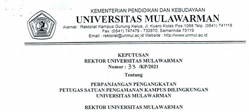 Perpanjangan Pengangkatan Tenaga Kependidikan Non PNS Petugas Satuan Pengaman Kampus Universitas Mulawarman