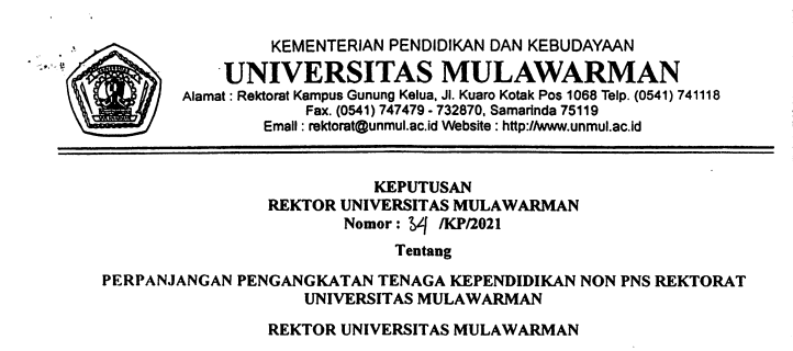 Perpanjangan Pengangkatan Tenaga Kependidikan Non PNS Rektorat Universitas Mulawarman