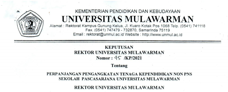 Perpanjangan Pengangkatan Tenaga Kependidikan Non PNS Sekolah Pascasarjana Universitas Mulawarman