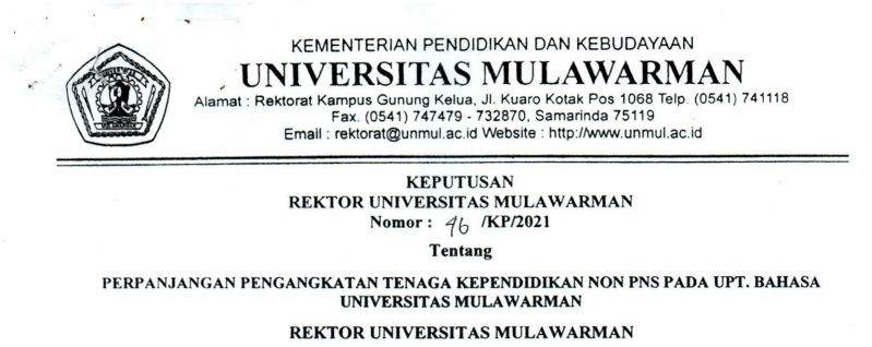 Perpanjangan Pengangkatan Tenaga Kependidikan Non PNS UPT. Bahasa Universitas Mulawarman