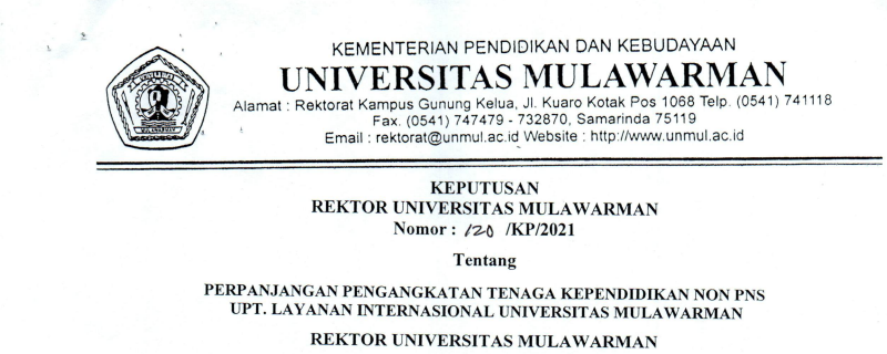 Perpanjangan Pengangkatan Tenaga Kependidikan Non PNS UPT. Layanan Internasional Universitas Mulawarman