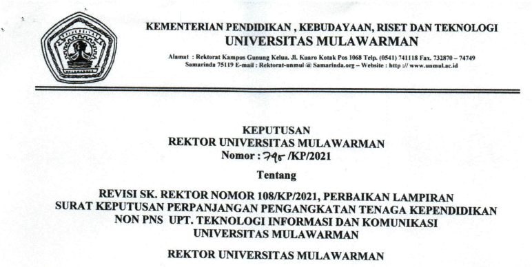 Perpanjangan Pengangkatan Tenaga Kependidikan Non PNS UPT. Teknologi Informasi dan Komunikasi Universitas Mulawarman