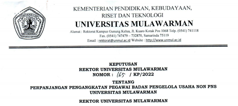 Perpanjangan Pengangkatan Pegawai Badan Pengelola Usaha Non PNS Universitas Mulawarman