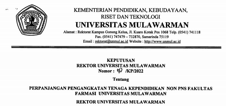 Perpanjangan Pengangkatan Tenaga Kependidikan Non PNS Fakultas Farmasi Universitas Mulawarman