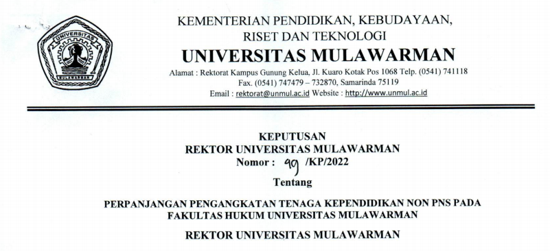 Perpanjangan Pengangkatan Tenaga Kependidikan Non PNS Fakultas Hukum Universitas Mulawarman