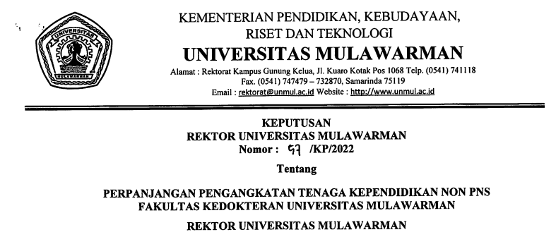 Perpanjangan Pengangkatan Tenaga Kependidikan Non PNS Fakultas Kedokteran Universitas Mulawarman