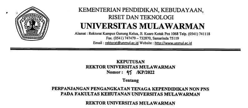 Perpanjangan Pengangkatan Tenaga Kependidikan Non PNS Fakultas Kehutanan Universitas Mulawarman