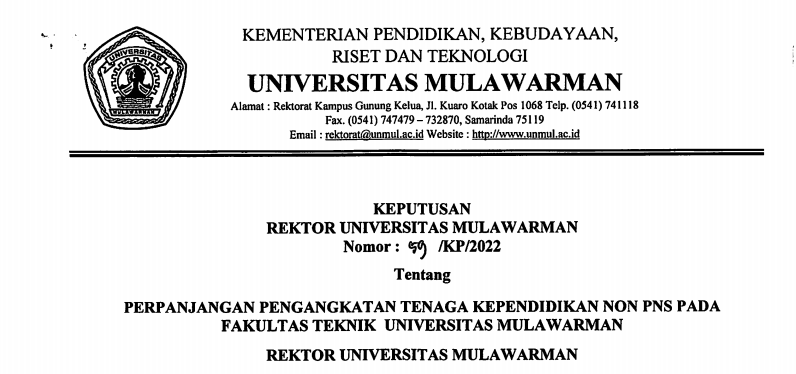 Perpanjangan Pengangkatan Tenaga Kependidikan Non PNS Fakultas Teknik Universitas Mulawarman