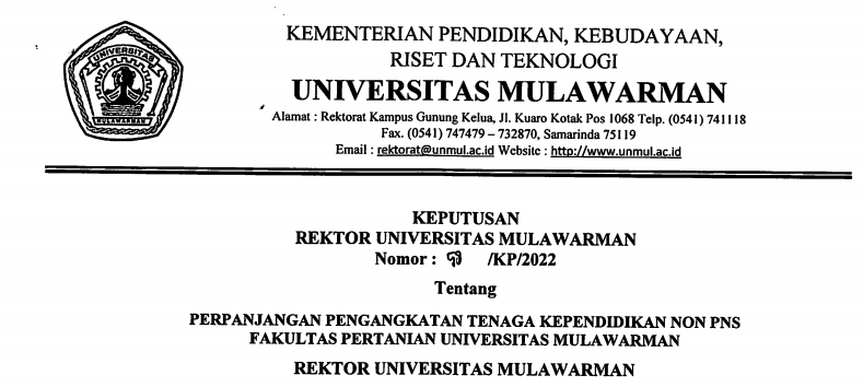 Perpanjangan Pengangkatan Tenaga Kependidikan Non PNS Fakultas Pertanian Universitas Mulawarman