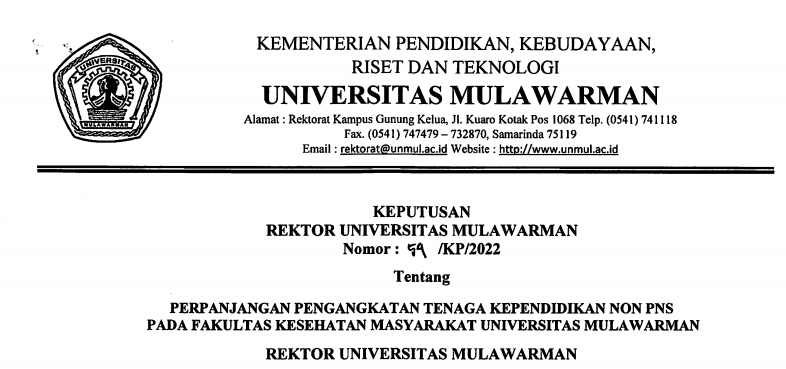 Perpanjangan Pengangkatan Tenaga Kependidikan Non PNS Fakultas Kesehatan Masyarakat Universitas Mulawarman
