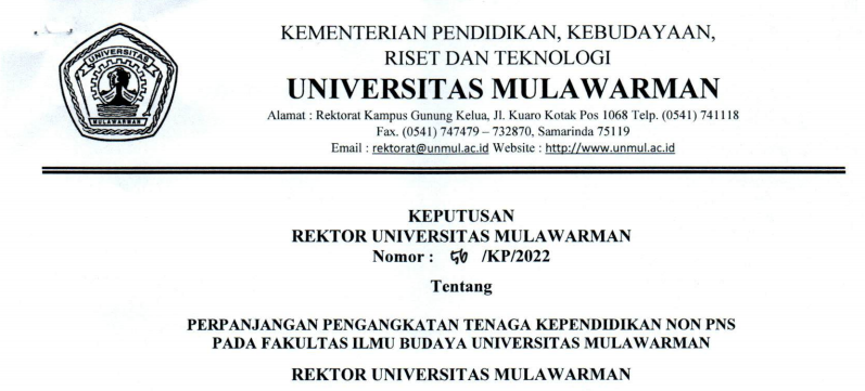 Perpanjangan Pengangkatan Tenaga Kependidikan Non PNS Fakultas Ilmu Budaya Universitas Mulawarman