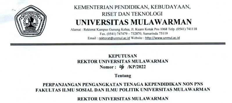 Perpanjangan Pengangkatan Tenaga Kependidikan Non PNS Fakultas Ilmu Sosial dan Ilmu Politik Universitas Mulawarman