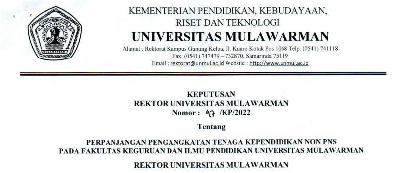 Perpanjangan Pengangkatan Tenaga Kependidikan Non PNS Fakultas Keguruan dan Ilmu Pendidikan Universitas Mulawarman