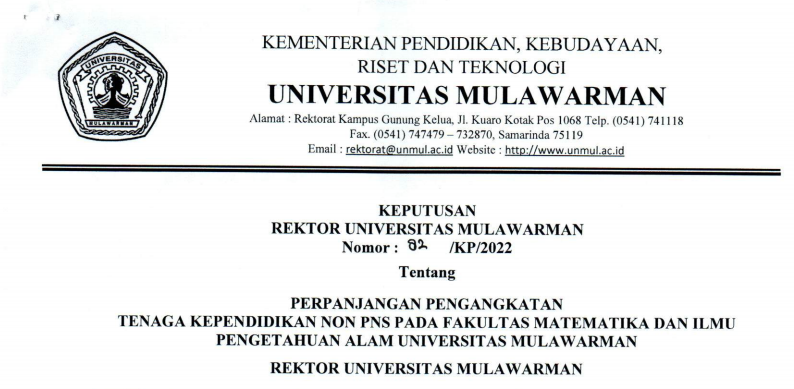 Perpanjangan Pengangkatan Tenaga Kependidikan Non PNS Fakultas Matematika dan Ilmu Pengetahuan Alam Universitas Mulawarman