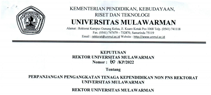 Perpanjangan Pengangkatan Tenaga Kependidikan Non PNS Rektorat Universitas Mulawarman