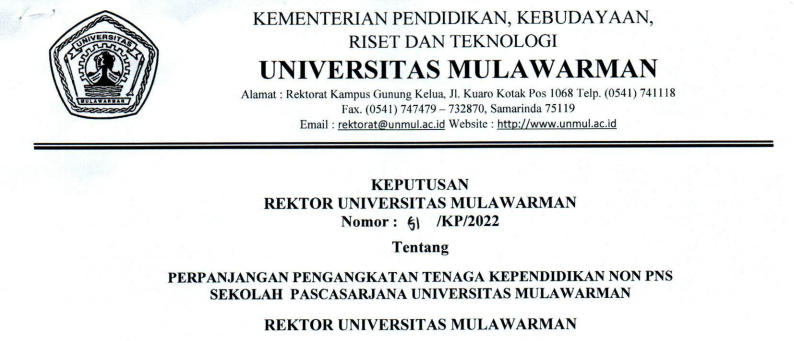 Perpanjangan Pengangkatan Tenaga Kependidikan Non PNS Sekolah Pascasarjana Universitas Mulawarman