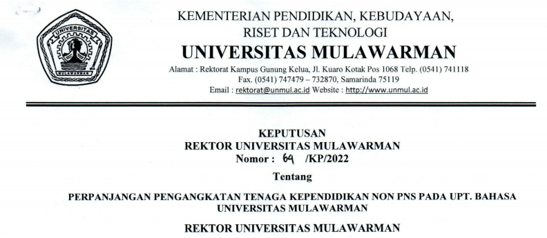 Perpanjangan Pengangkatan Tenaga Kependidikan Non PNS UPT. Bahasa Universitas Mulawarman