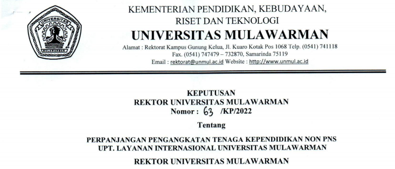 Perpanjangan Pengangkatan Tenaga Kependidikan Non PNS UPT. Layanan Internasional Universitas Mulawarman