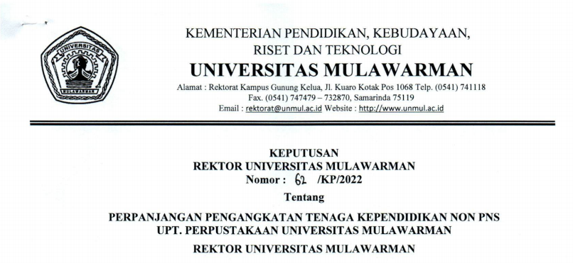 Perpanjangan Pengangkatan Tenaga Kependidikan Non PNS UPT. Perpustakaan Universitas Mulawarman