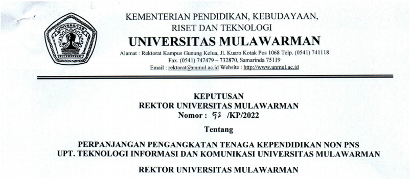 Perpanjangan Pengangkatan Tenaga Kependidikan Non PNS UPT. Teknologi Informasi dan Komunikasi Universitas Mulawarman