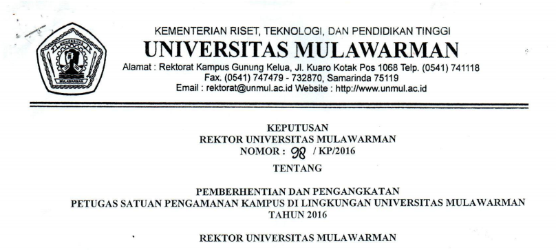 Pemberhentian dan Pengangkatan Pertugas Satuan Pengamanan Kampus Universitas Mulawarman