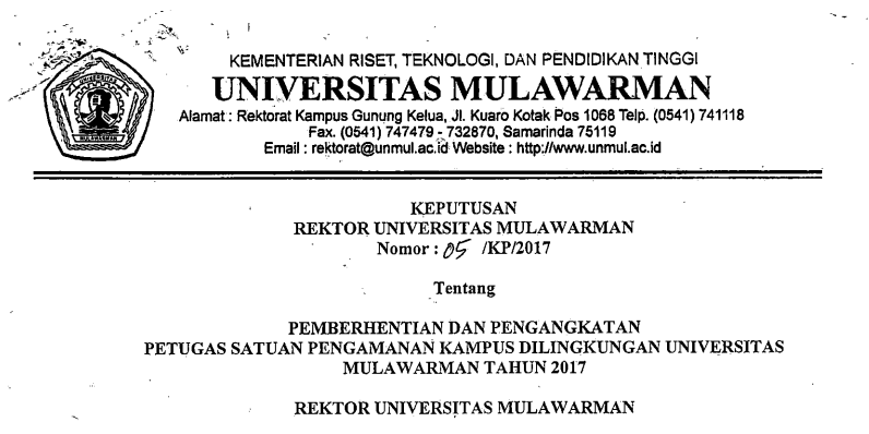 Pemberhentian dan Pengangkatan Pertugas Satuan Pengamanan Kampus Universitas Mulawarman