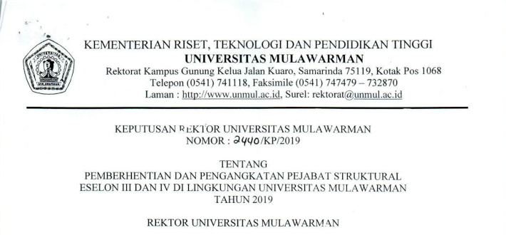 Pemberhentian dan Pengangkatan Pejabat Struktural Eselon III dan IV Universitas Mulawarman
