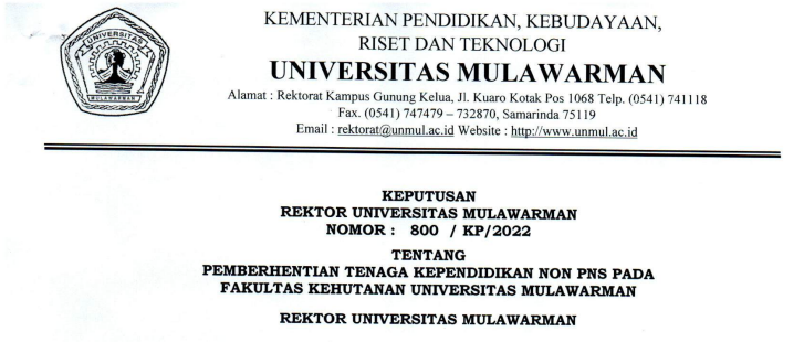 Pemberhentian Tenaga Kependidikan Non PNS Fakultas Kehutanan Universitas Mulawarman