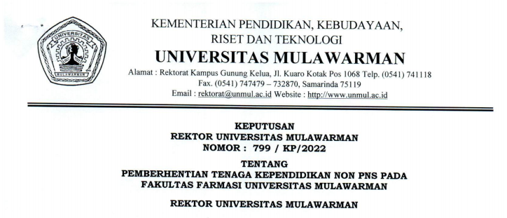 Pemberhentian Tenaga Kependidikan Non PNS Fakultas Farmasi Universitas Mulawarman