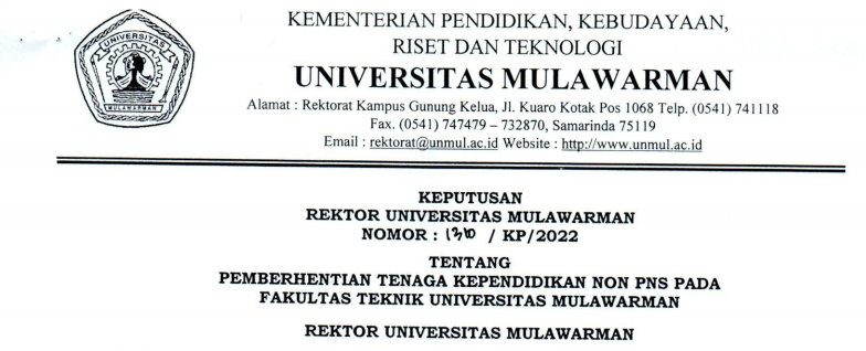 Pemberhentian Tenaga Kependidikan Non PNS Fakultas Teknik Universitas Mulawarman