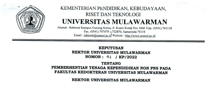 Pemberhentian Tenaga Kependidikan Non PNS Fakultas Kedokteran Universitas Mulawarman