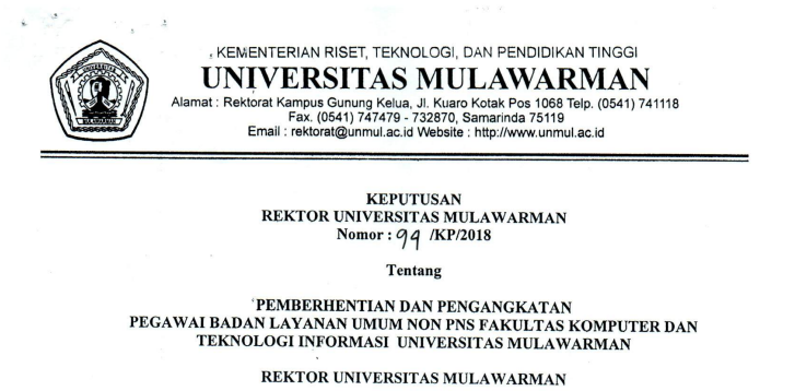 Pemberhentian dan Pengangkatan Pegawai Badan Layanan Umum Non PNS Fakultas Komputer dan Teknologi Informasi Universitas Mulawarman